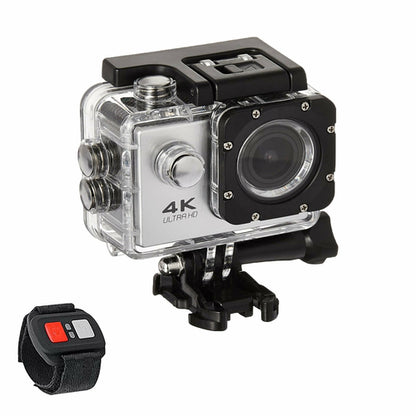 Salmon Lucky 4K waterproof all-digital UHD WiFi camera with RF remote and accessories, showing camera lens and remote control.