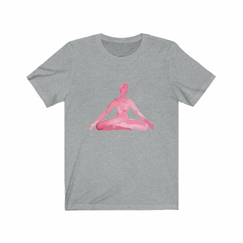 Yellow Pandora yoga meditation pose print T-shirt featuring a relaxed figure in a calming pose, casual fit, and soft fabric.