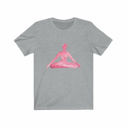 Yellow Pandora yoga meditation pose print T-shirt featuring a relaxed figure in a calming pose, casual fit, and soft fabric.