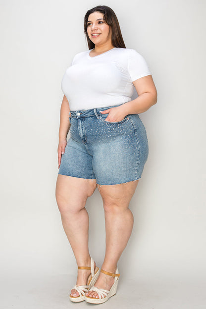 Judy Blue high waist raw hem denim shorts in a full size, featuring classic denim fabric and distressed detailing, suitable for casual wear.