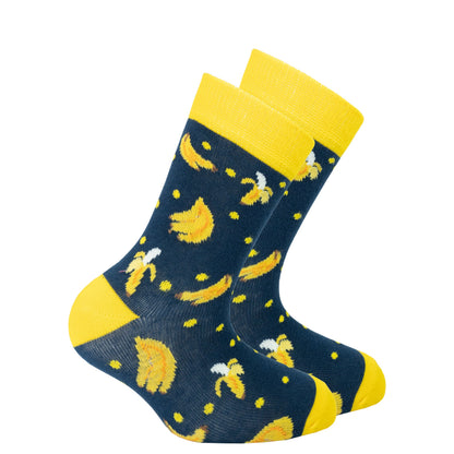 Kids Banana Socks by Orchid Erebus featuring colorful banana patterns on soft, comfortable sock material for children.