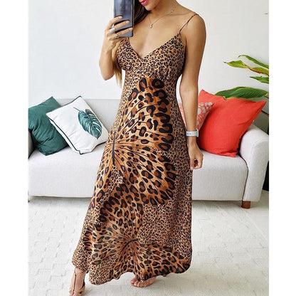 Leopard print butterfly design dress for ladies, featuring straps, from Pear Daisy, suitable for casual home and garden wear.