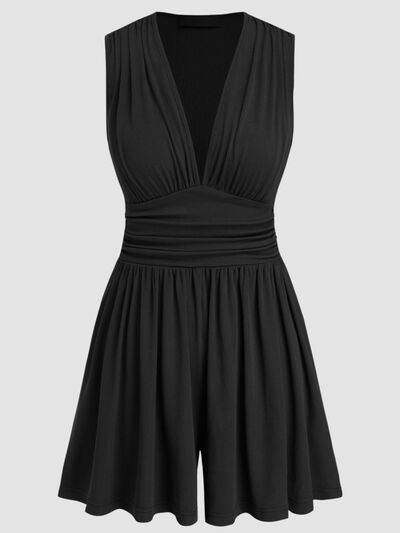 Taupe Oliver MUNSIEUR ruched plunge romper, sleeveless jumpsuit for women, showcasing a stylish, fitted design and luxurious fabric.