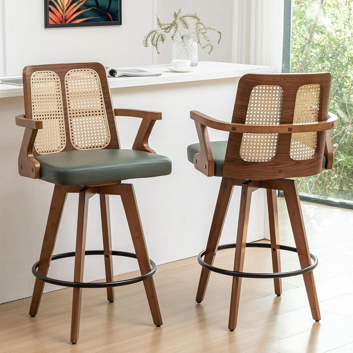 Swivel Counter Stools Set of Two with Rattan Back