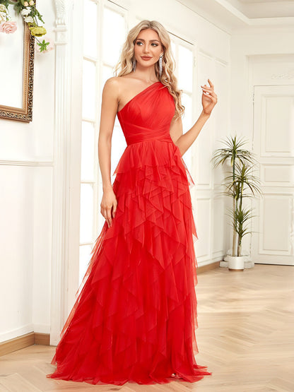 Carmine Juneberry sloping shoulder dress with slim fit, elastic fabric, and fishtail design, shown in a stylish evening look.