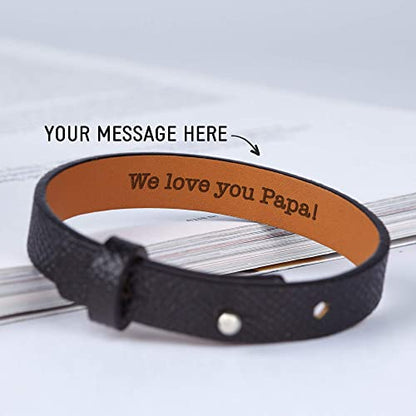 Leather hidden message bracelet for men by Green Millie, featuring a subtle design with a secret message inside.