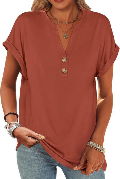 ANRABESS Womens Short Sleeve Henley Tops V Neck Dressy Casual Blouses Summer Trendy Tee Shirts 2026 Vacation Fashion Clothes