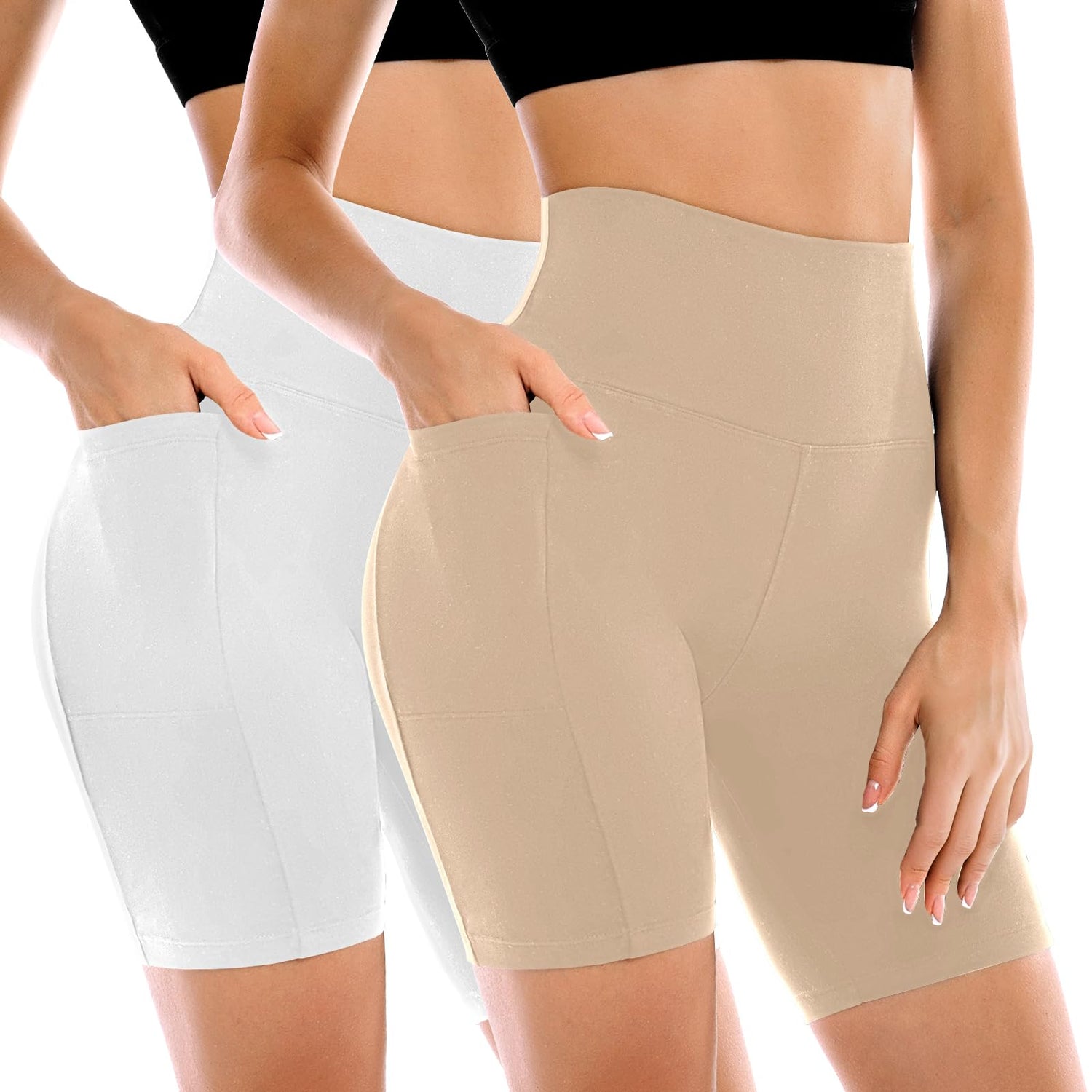 Leafigure 2 Pack Womens Biker Shorts with Pockets 6" | High Waisted, Tummy Control, Running, Gym, Workout, Yoga Shorts