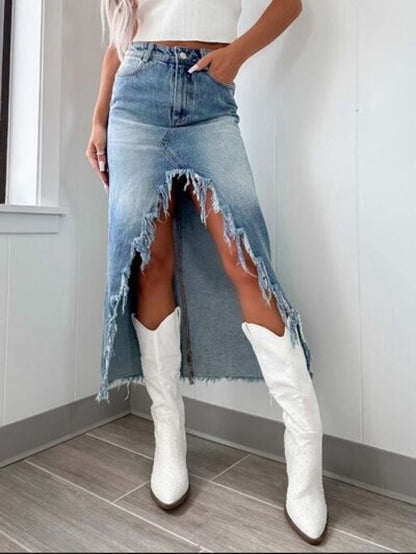 Women’s high-waist raw hem asymmetry denim skirt from Taupe Oliver, styled with a casual top.