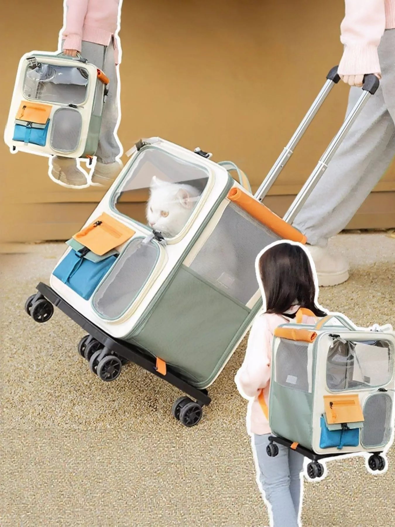 Pear Daisy rolling pet carrier with telescopic handle, spacious design for transporting small pets easily in home and garden settings.