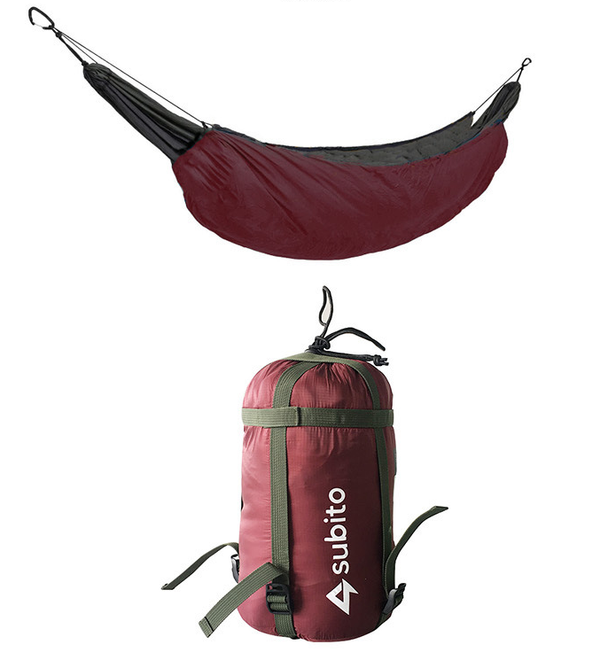 Maroon Asteria outdoor camping cotton hammock with warm cover, perfect for relaxing during camping trips