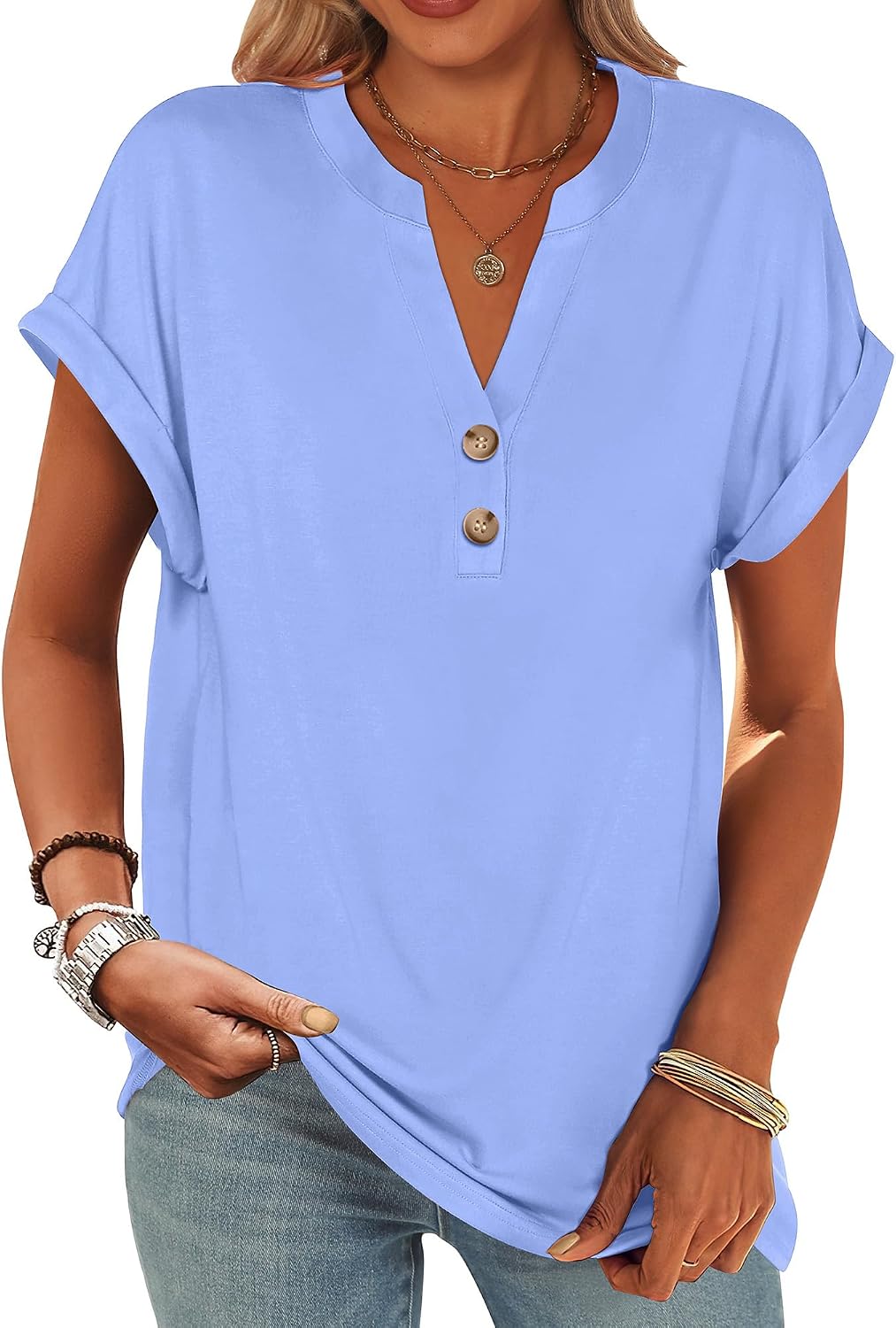 ANRABESS Womens Short Sleeve Henley Tops V Neck Dressy Casual Blouses Summer Trendy Tee Shirts 2026 Vacation Fashion Clothes