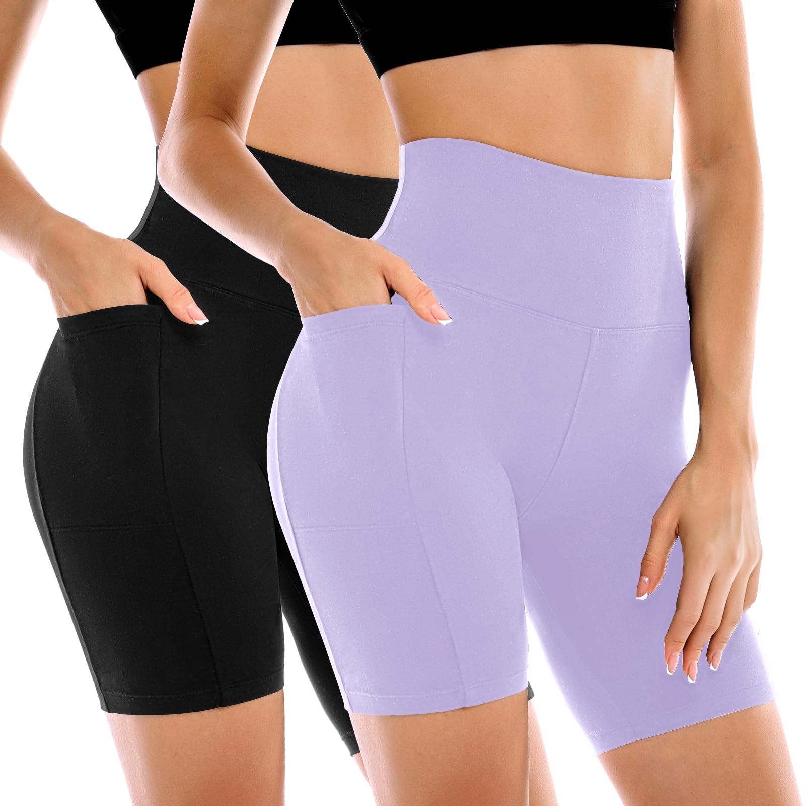 Leafigure 2 Pack Womens Biker Shorts with Pockets 6" | High Waisted, Tummy Control, Running, Gym, Workout, Yoga Shorts