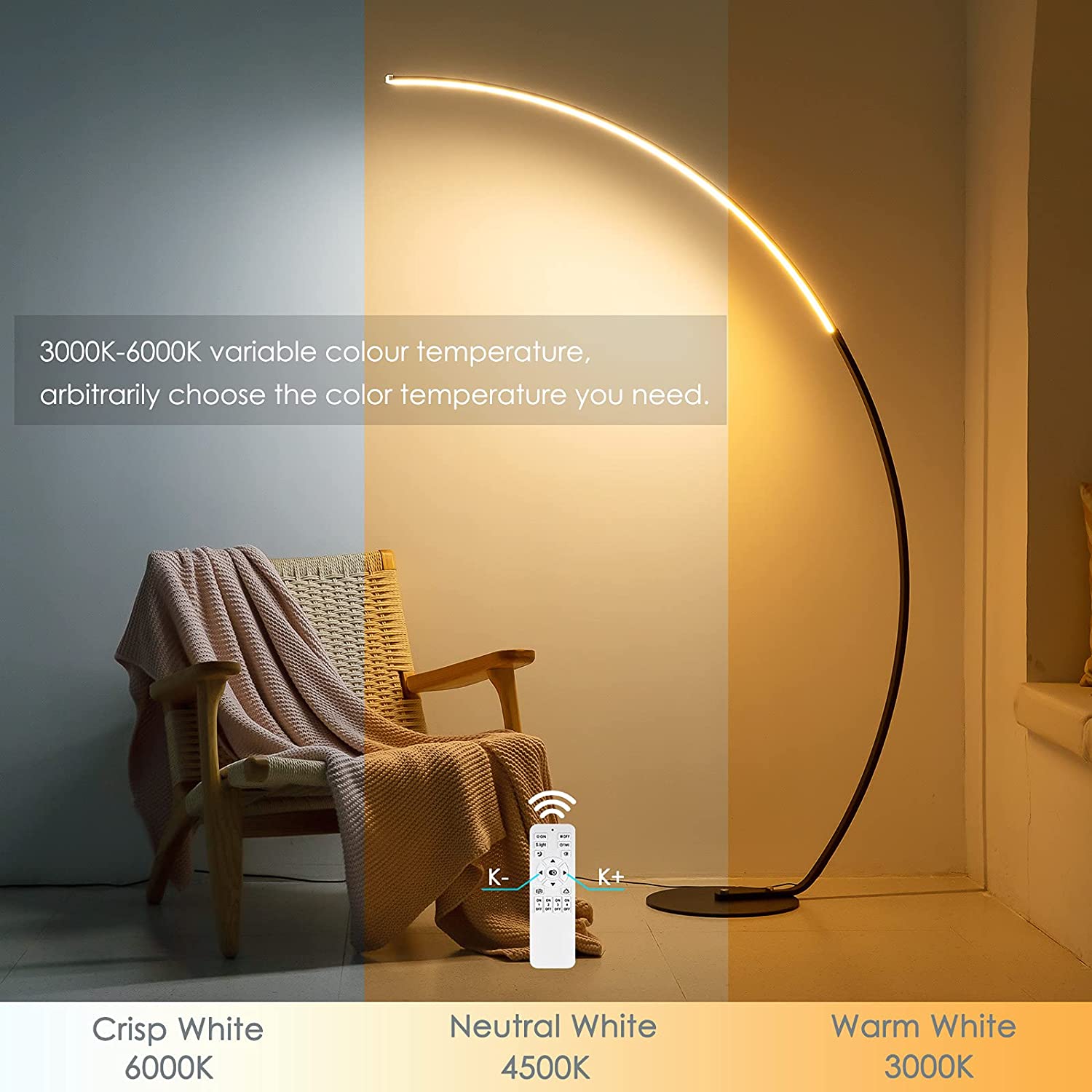RGBW Modern Curve Floor Lamp by Sangria Apricot, featuring sleek design and adjustable lighting for contemporary home decor.