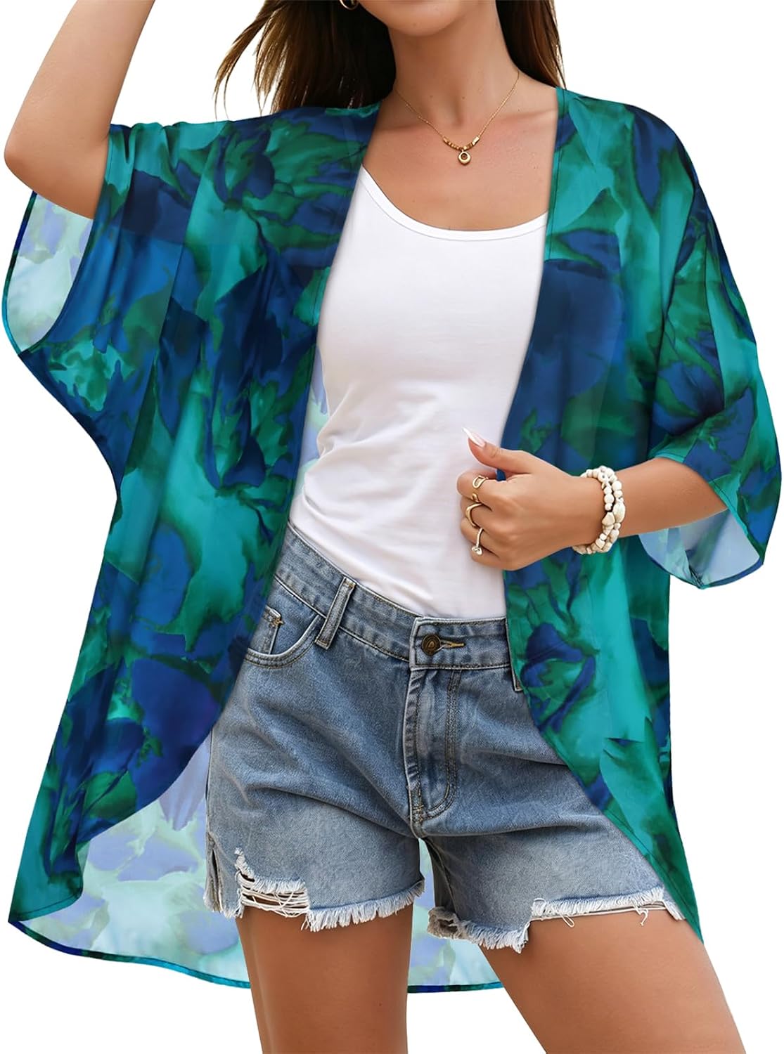 CHICGAL Womens Floral Kimono Cardigan Beach Cover Up Casual Summer Tops | 2026 Puff Sleeve Open Front Chiffon Outfit,Hawaiian Shirt,Beach Vacation Swimwear, Plus Top,Boho ladies Blouse,Cruise Resort