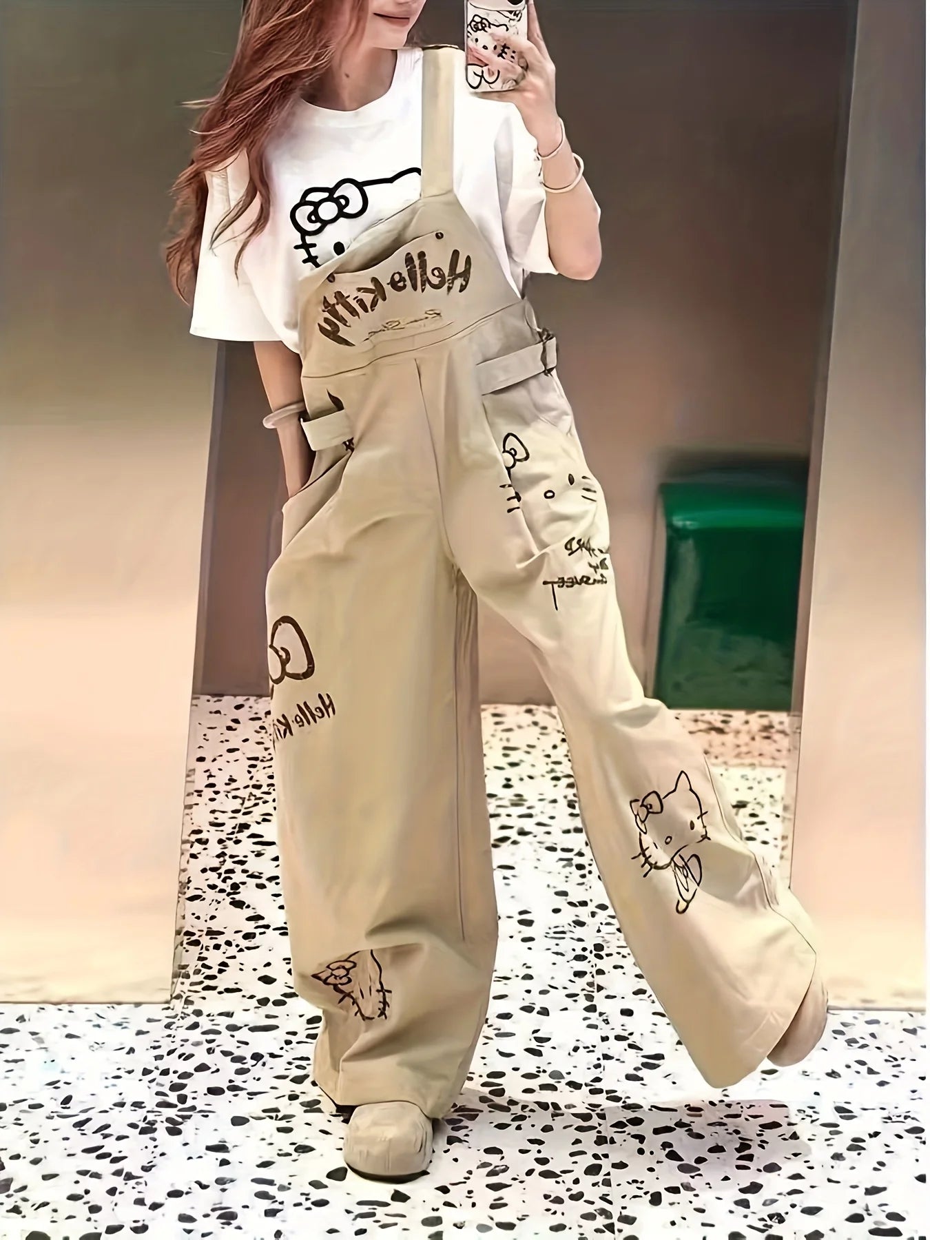 Start2Finish Hello Kitty casual overalls for women, trendy loose-fitting retro-style apparel with Hello Kitty design.