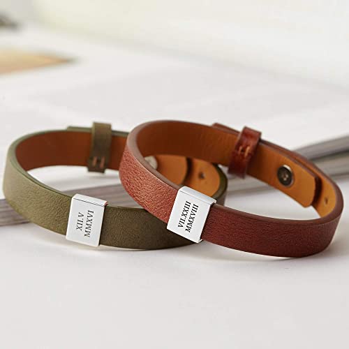 Green Millie custom leather bracelet with Roman numerals, stylish Valentine&
