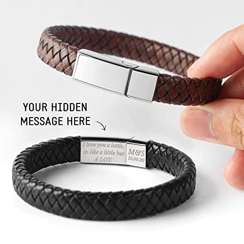 Personalized leather bracelet by Green Millie with hidden message, stylish accessory for boyfriend gifts.