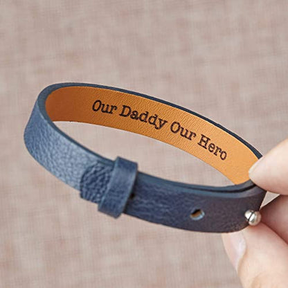 Leather hidden message bracelet for him by Green Millie, featuring a discreet design with engraved secret message.