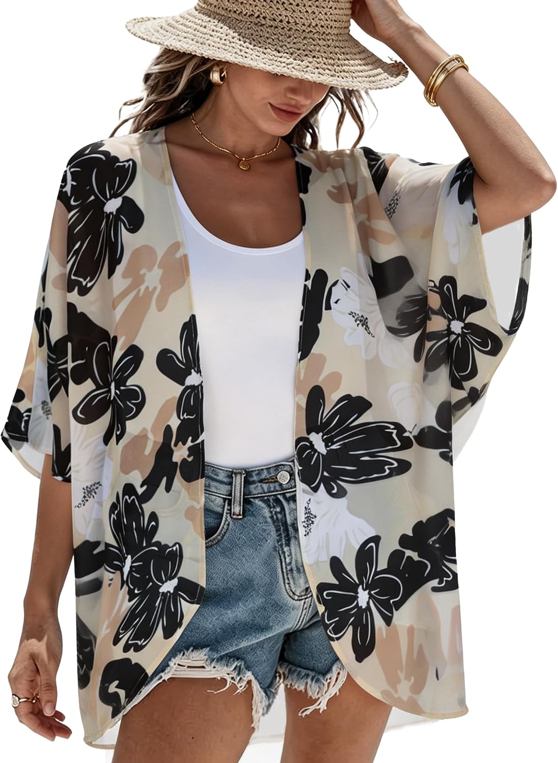 CHICGAL Womens Floral Kimono Cardigan Beach Cover Up Casual Summer Tops | 2026 Puff Sleeve Open Front Chiffon Outfit,Hawaiian Shirt,Beach Vacation Swimwear, Plus Top,Boho ladies Blouse,Cruise Resort