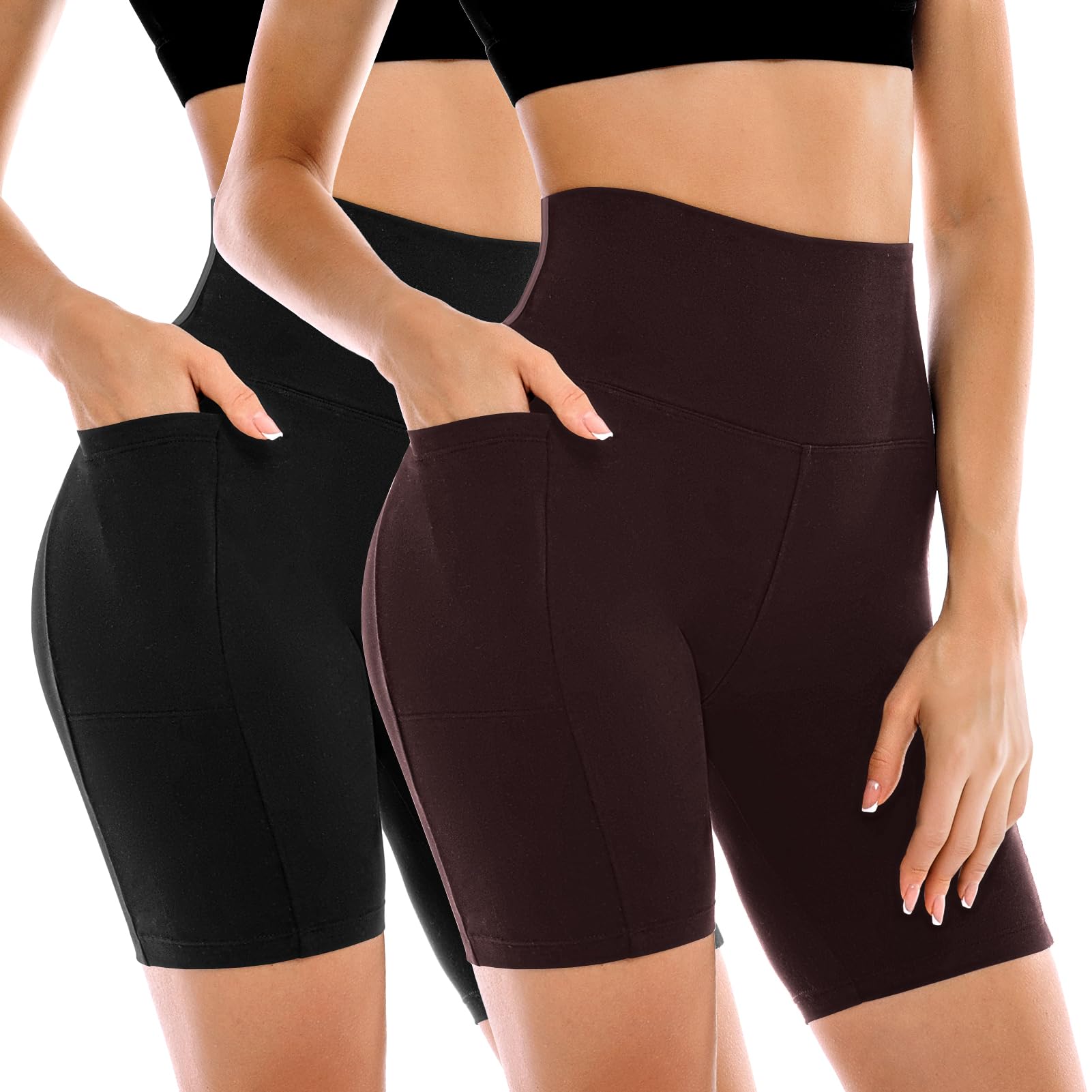 Leafigure 2 Pack Womens Biker Shorts with Pockets 6" | High Waisted, Tummy Control, Running, Gym, Workout, Yoga Shorts