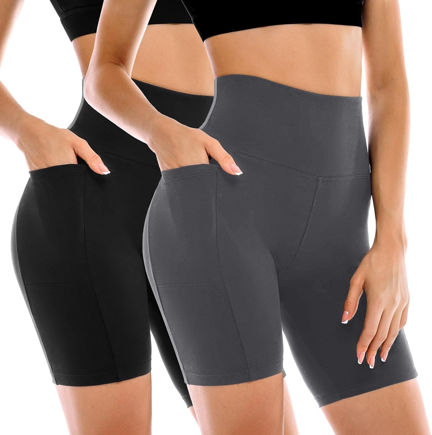 Leafigure 2 Pack Womens Biker Shorts with Pockets 6" | High Waisted, Tummy Control, Running, Gym, Workout, Yoga Shorts