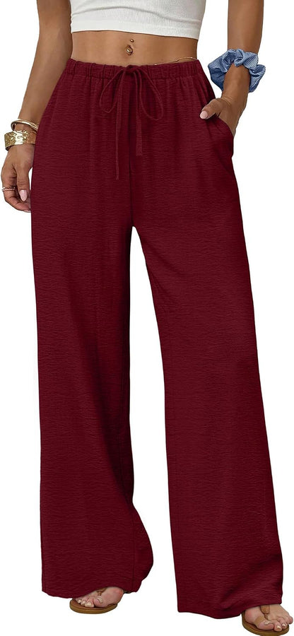 Sampeel Wide Leg Pants for Women Flowy Palazzo Drawstring Elastic Waist Trousers with Pockets Summer Beach Vacation Clothes