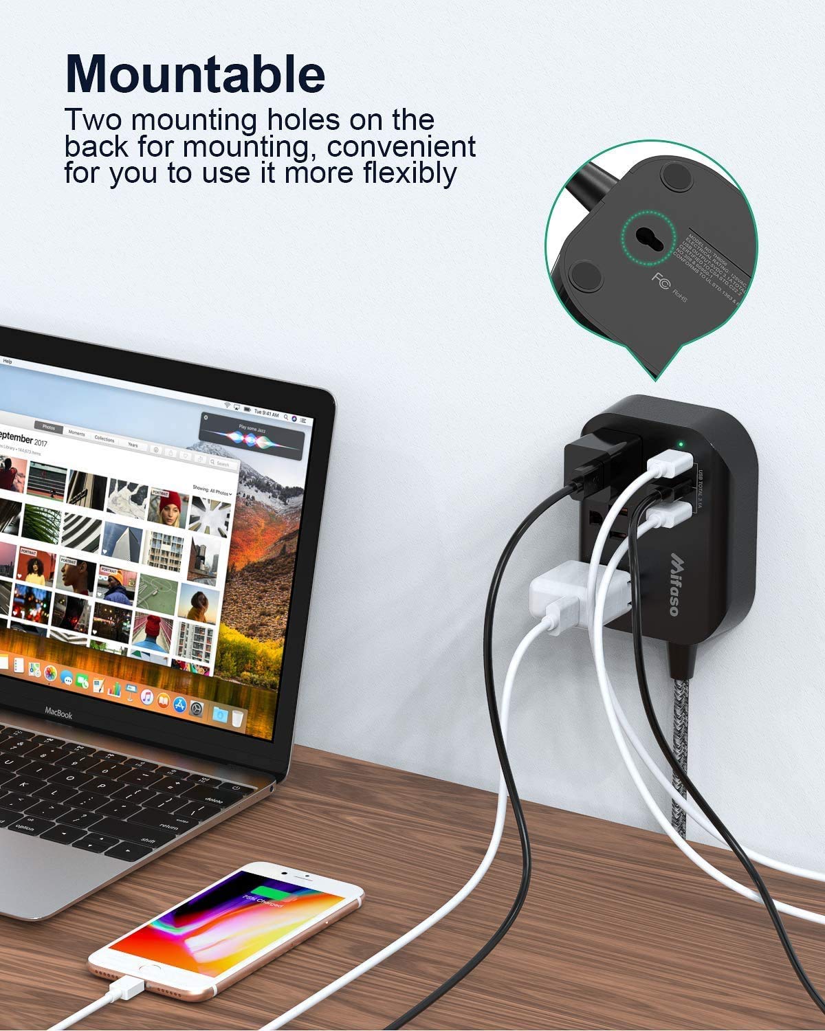Plum Coeus power strip with 3 outlets, 3 USB ports, flat plug, 3.1A charging, 5-foot cord, for home and garden use.