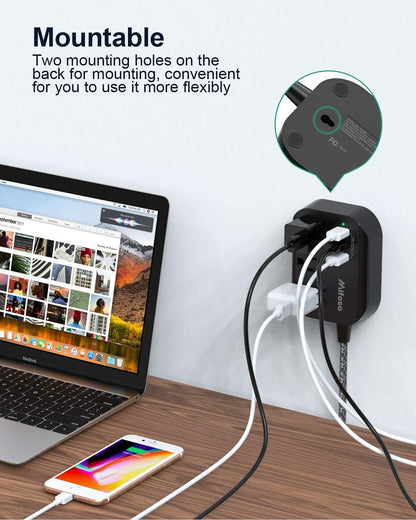 Plum Coeus power strip with 3 outlets, 3 USB ports, flat plug, 3.1A charging, 5-foot cord, for home and garden use.