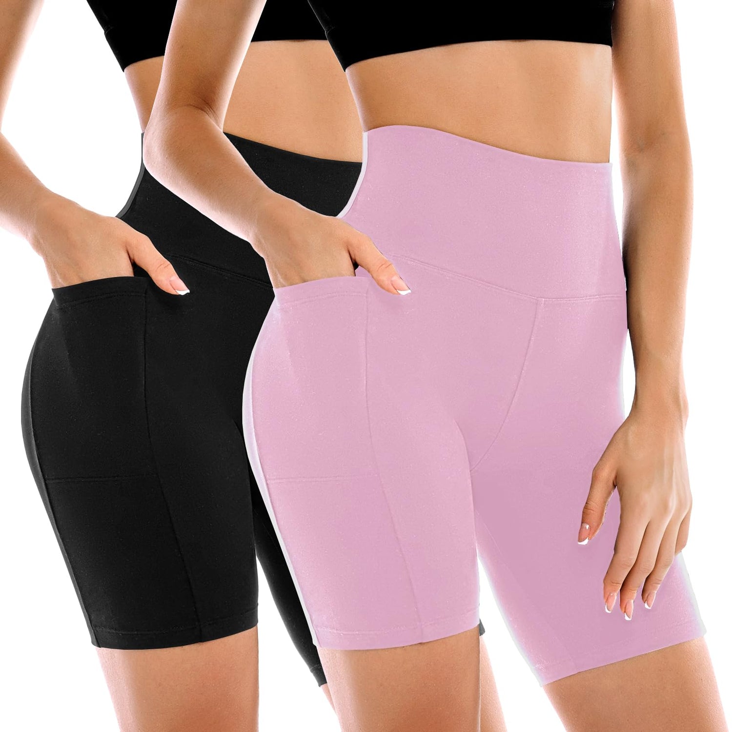 Leafigure 2 Pack Womens Biker Shorts with Pockets 6" | High Waisted, Tummy Control, Running, Gym, Workout, Yoga Shorts