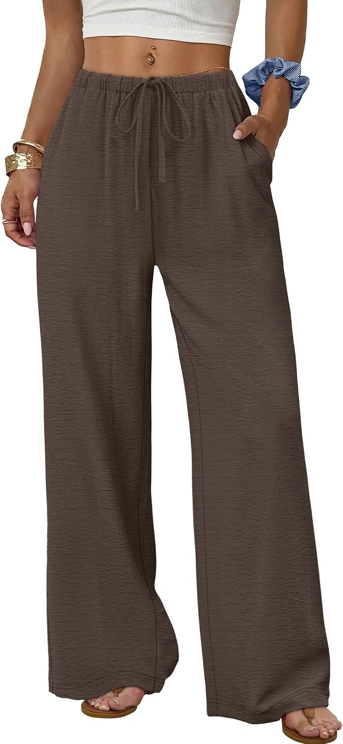 Sampeel Wide Leg Pants for Women Flowy Palazzo Drawstring Elastic Waist Trousers with Pockets Summer Beach Vacation Clothes