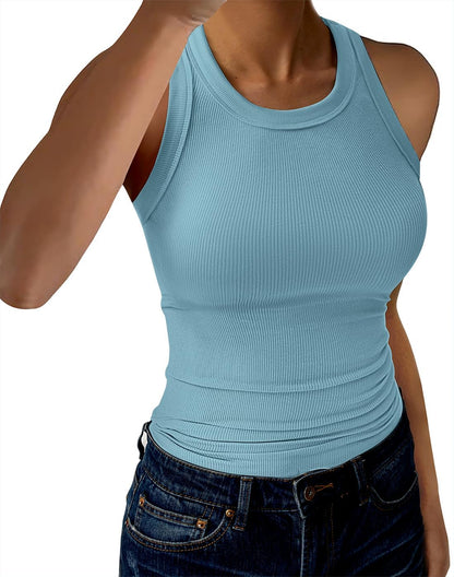 GKBK Womens Tank Tops High Neck Sleeveless Ribbed Tank Casual Basic Thick Strap Slim Fitted Racerback Shirts