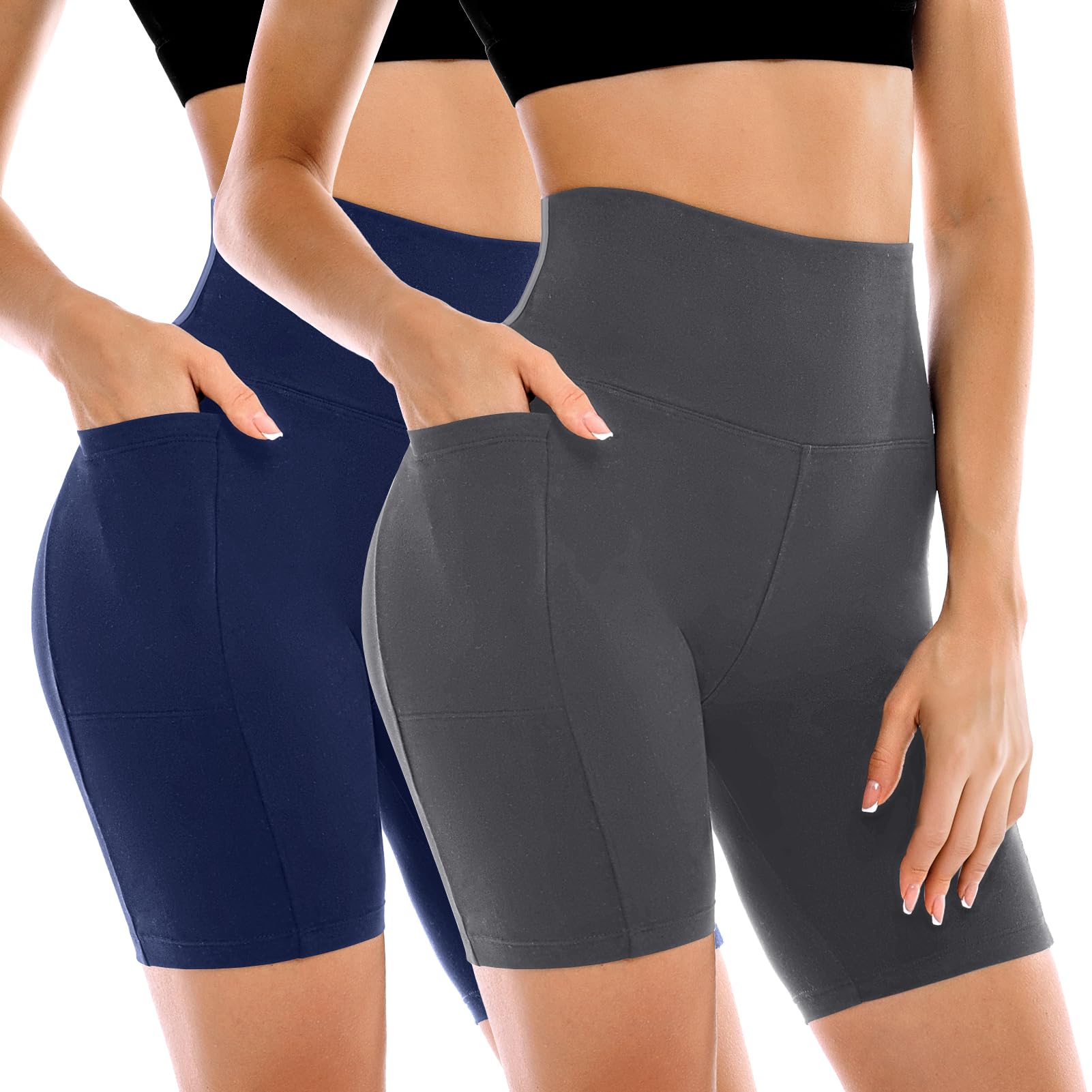 Leafigure 2 Pack Womens Biker Shorts with Pockets 6" | High Waisted, Tummy Control, Running, Gym, Workout, Yoga Shorts