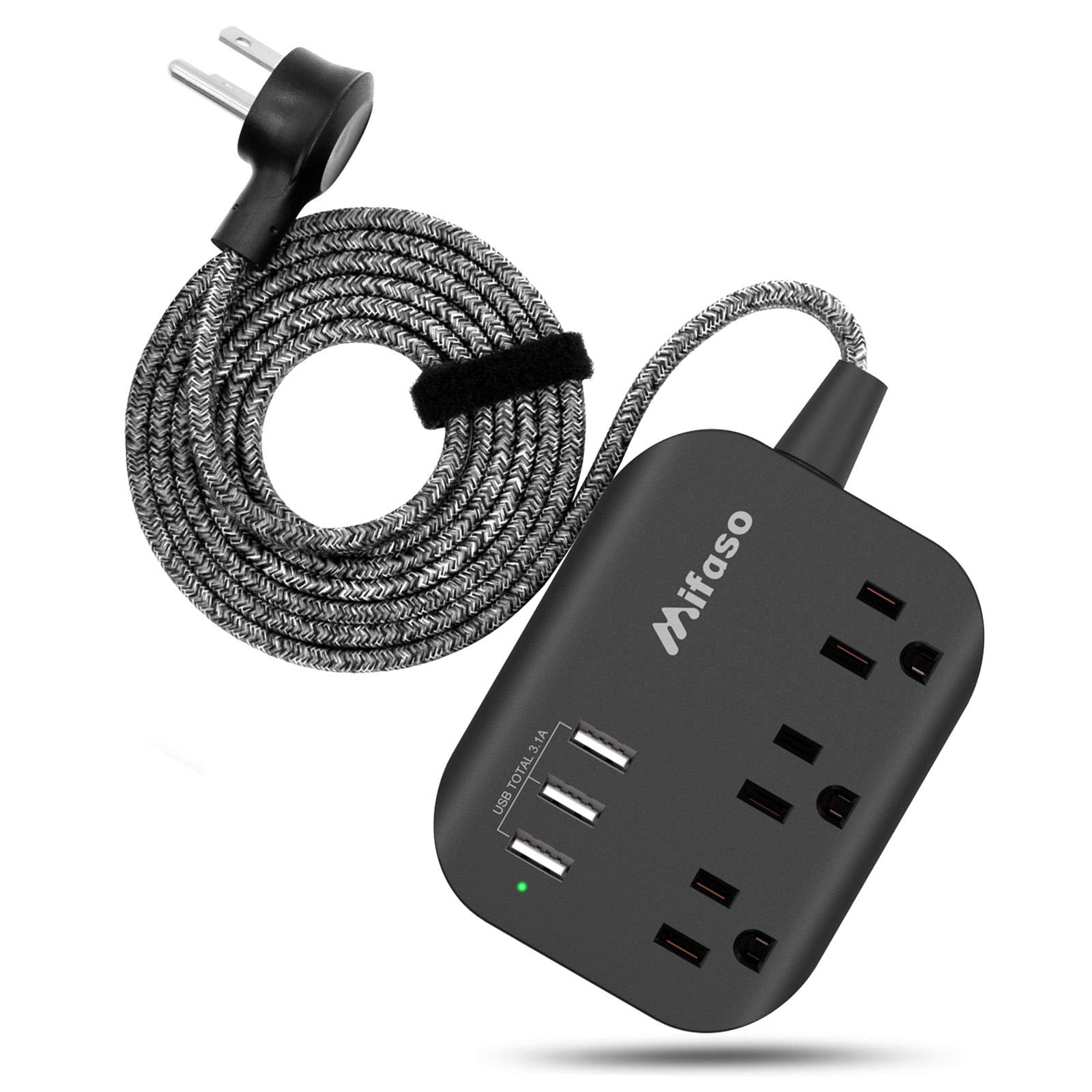 Plum Coeus power strip with flat plug, 3 outlets, 3 USB ports, 3.1A, 5ft cord for home and garden use.
