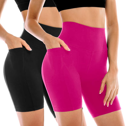 Leafigure 2 Pack Womens Biker Shorts with Pockets 6" | High Waisted, Tummy Control, Running, Gym, Workout, Yoga Shorts