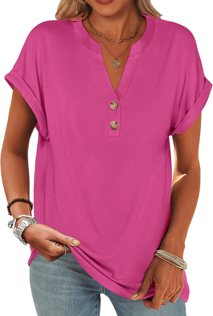 ANRABESS Womens Short Sleeve Henley Tops V Neck Dressy Casual Blouses Summer Trendy Tee Shirts 2026 Vacation Fashion Clothes