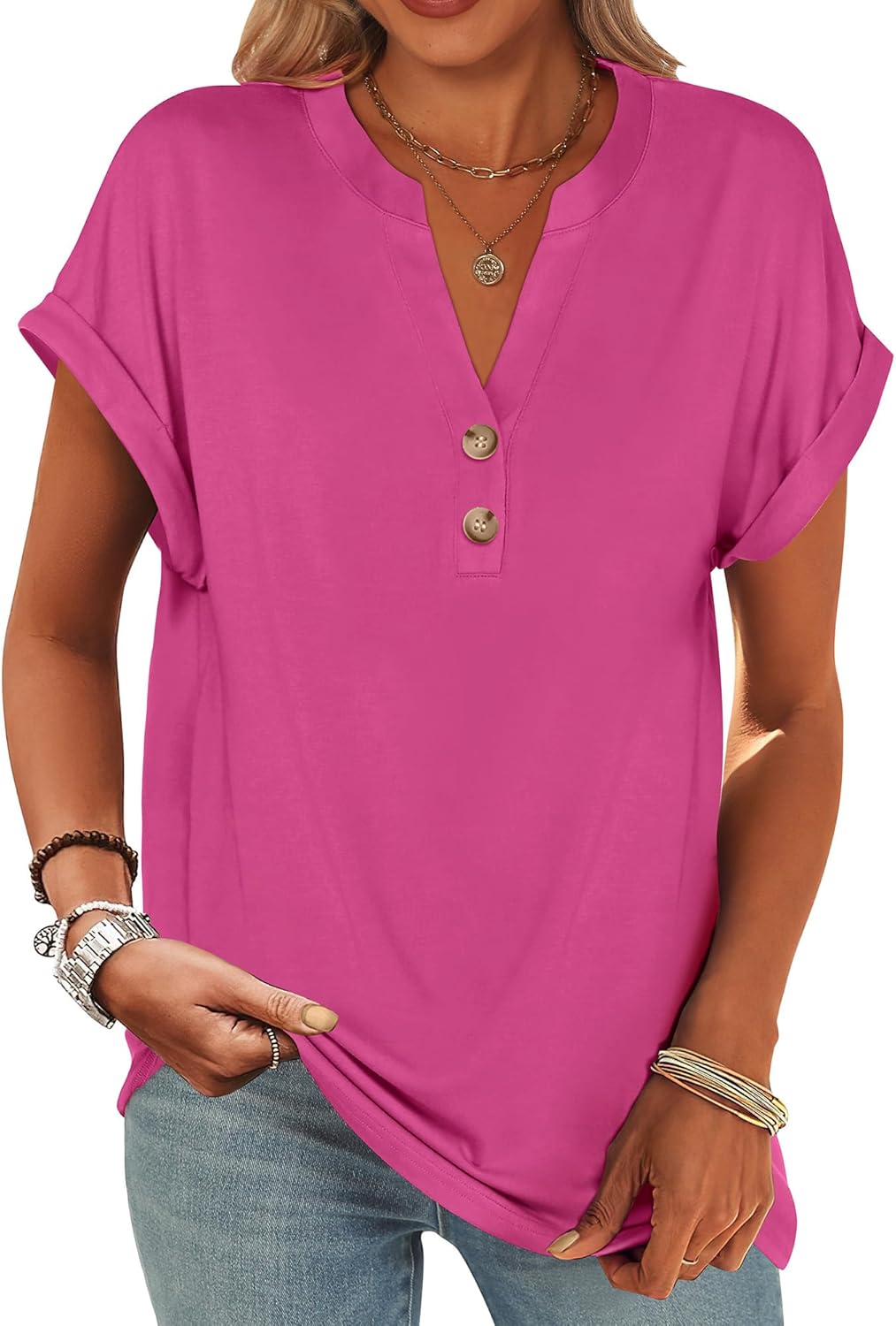 ANRABESS Womens Short Sleeve Henley Tops V Neck Dressy Casual Blouses Summer Trendy Tee Shirts 2026 Vacation Fashion Clothes