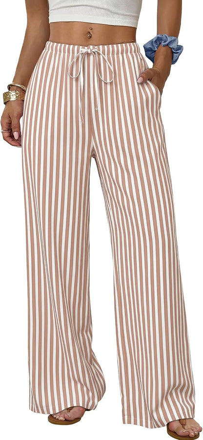 Sampeel Wide Leg Pants for Women Flowy Palazzo Drawstring Elastic Waist Trousers with Pockets Summer Beach Vacation Clothes