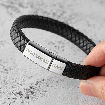 Green Millie woven leather bracelet with engraved Roman numerals for men, featuring a braided leather design.