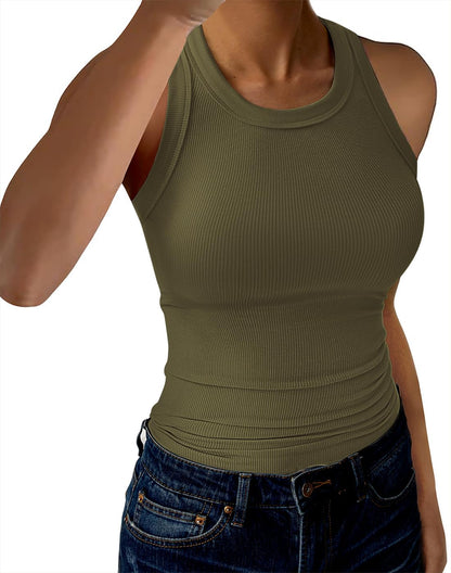 GKBK Womens Tank Tops High Neck Sleeveless Ribbed Tank Casual Basic Thick Strap Slim Fitted Racerback Shirts