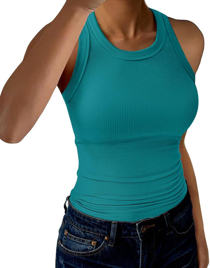 GKBK Womens Tank Tops High Neck Sleeveless Ribbed Tank Casual Basic Thick Strap Slim Fitted Racerback Shirts