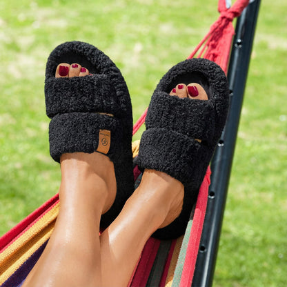 EverFoams Womens Fuzzy Open-toe Slippers Memory Foam Indoor House Shoes | machine-washable,gifts,memory foam,anti-slip sole,lightweight,indoor and outdoor,cozy