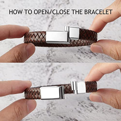 Personalized leather bracelet with hidden message from Green Millie, featuring a sleek design and adjustable strap.