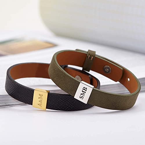 Leather bracelet for men with custom initials, featuring engraved couple initials, from Green Millie.