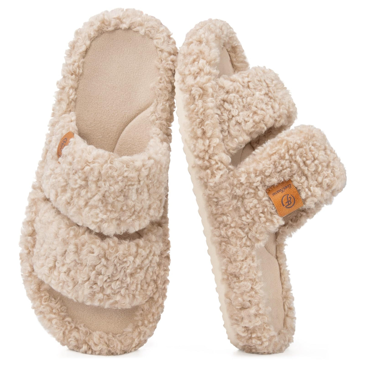 EverFoams Womens Fuzzy Open-toe Slippers Memory Foam Indoor House Shoes | machine-washable,gifts,memory foam,anti-slip sole,lightweight,indoor and outdoor,cozy