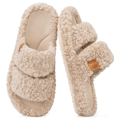 EverFoams Womens Fuzzy Open-toe Slippers Memory Foam Indoor House Shoes | machine-washable,gifts,memory foam,anti-slip sole,lightweight,indoor and outdoor,cozy