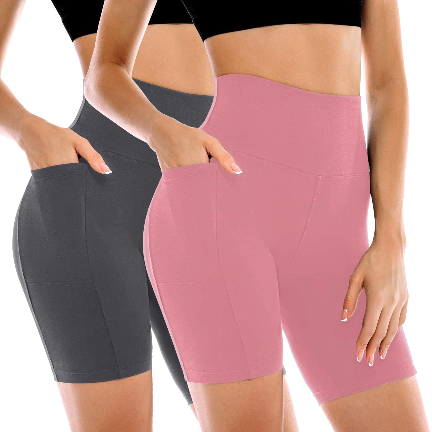 Leafigure 2 Pack Womens Biker Shorts with Pockets 6" | High Waisted, Tummy Control, Running, Gym, Workout, Yoga Shorts