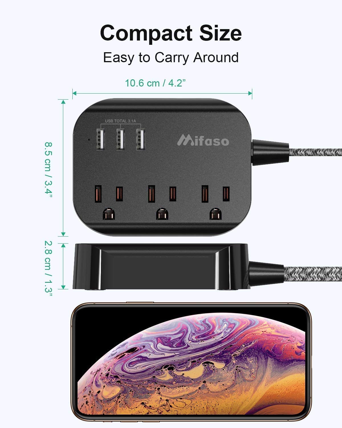 Plum Coeus power strip with flat plug, 3 outlets, 3 USB ports, 3.1A, 5-foot cord for home and garden use.
