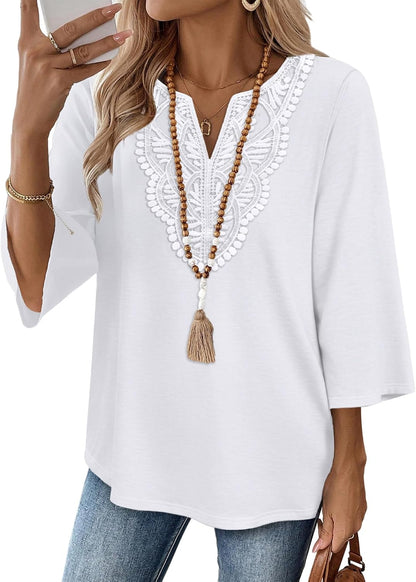 WIHOLL 3/4 Length Sleeve Womens Tops Boho V Neck Lace Shirt Trendy Blouses Dressy Casual Vacation Clothes S-3XL