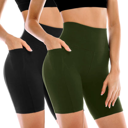 Leafigure 2 Pack Womens Biker Shorts with Pockets 6" | High Waisted, Tummy Control, Running, Gym, Workout, Yoga Shorts